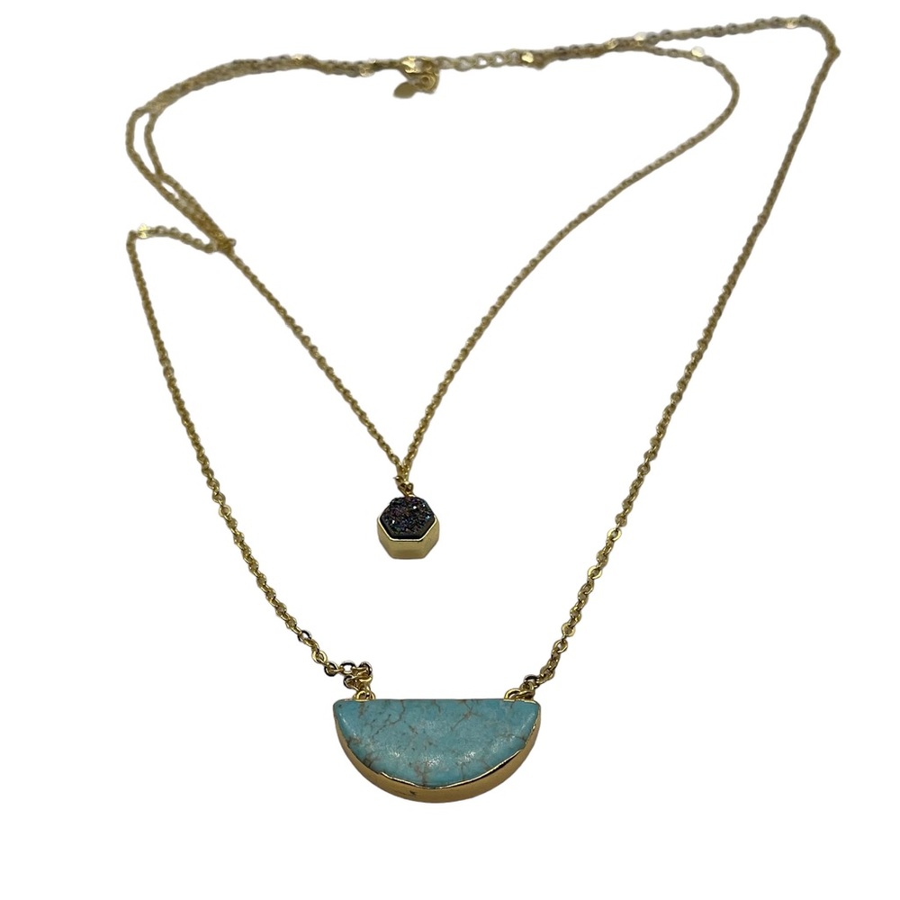 Dainty Delicate Double Strand ￼Turquoise and Drusy Stone Gold Tone BOHO Necklace